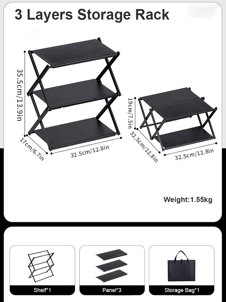 CampRack Faltbares Camping-Regal | 3 Ebenen | Tragbar & Stabil | Outdoor Aufbewahrungsregal für Picknick, BBQ & Camping