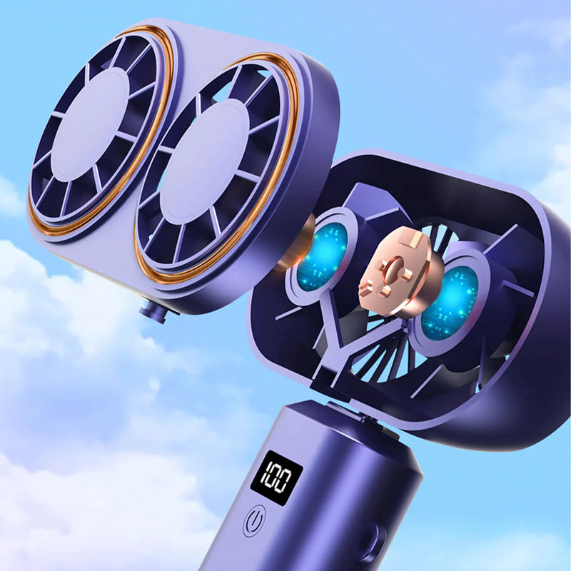 TwinBreeze Go Doppel-Turbo Faltventilator | 5 Geschwindigkeiten | USB-Aufladung | Tragbarer Handventilator für Sommer & Reisen