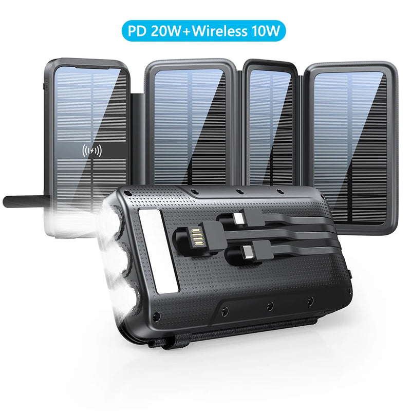 Solar Powerbank VoltCore X Pro 43800mAh | 20W Schnellladung | 10W Wireless Charging | Integrierte Kabel & LED-Lampe | Outdoor & Reisen