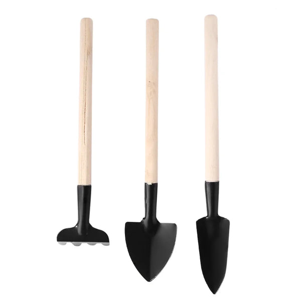 PlanturaMini Gartenwerkzeug-Set 3-teilig | Mini-Schaufel & Rechen | Für Balkon & Zimmerpflanzen | Holzgriff & Metallkopf