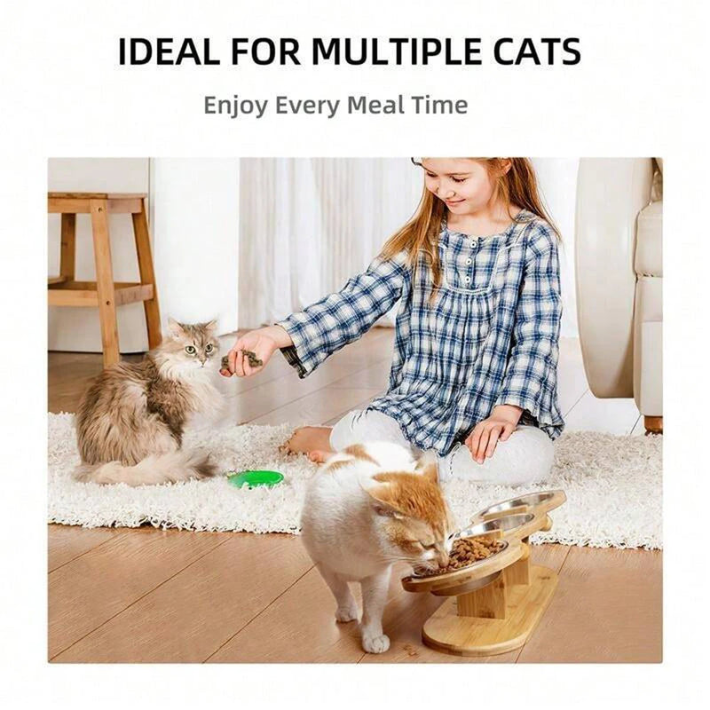 Katzennapf-Set Mizuto TrioLift | 3-in-1 Futterstation mit 15° Neigung | Edelstahl-Näpfe & Holzhalterung | Für Katzen & kleine Hunde