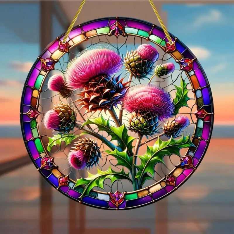 Suncatcher ThistleLight | Rundes Acryl-Fensterbild mit Distel-Motiv | 15–20 cm | Handbemalt & Lichtdurchlässig