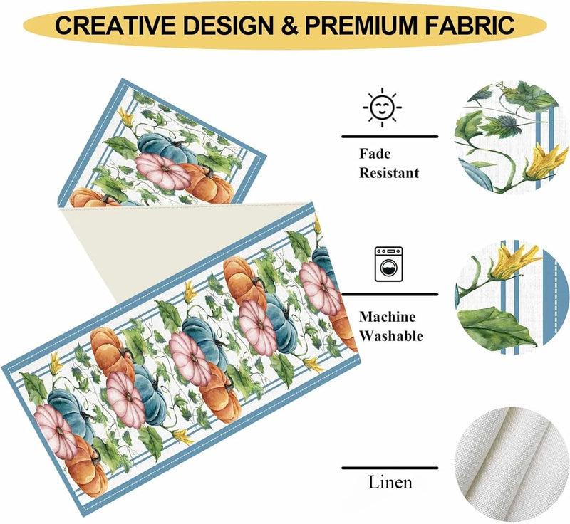 Herbst-Tischläufer AutumnGrace | Leinenoptik mit Kürbis- & Blättermotiv | Für Erntedank, Küche & Festtafel