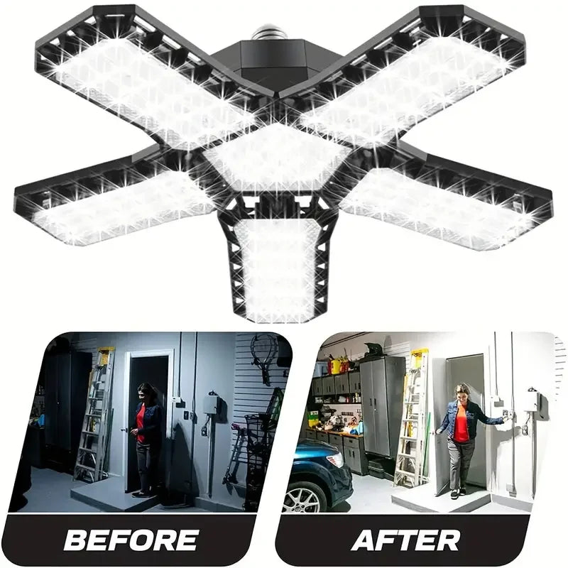 LUMIFLEX LED Garagenlampe | Faltbare Deckenleuchte mit 3–12 verstellbaren Panels | E27-Sockel | 6500K Tageslicht – Für Werkstatt, Lager & Garage