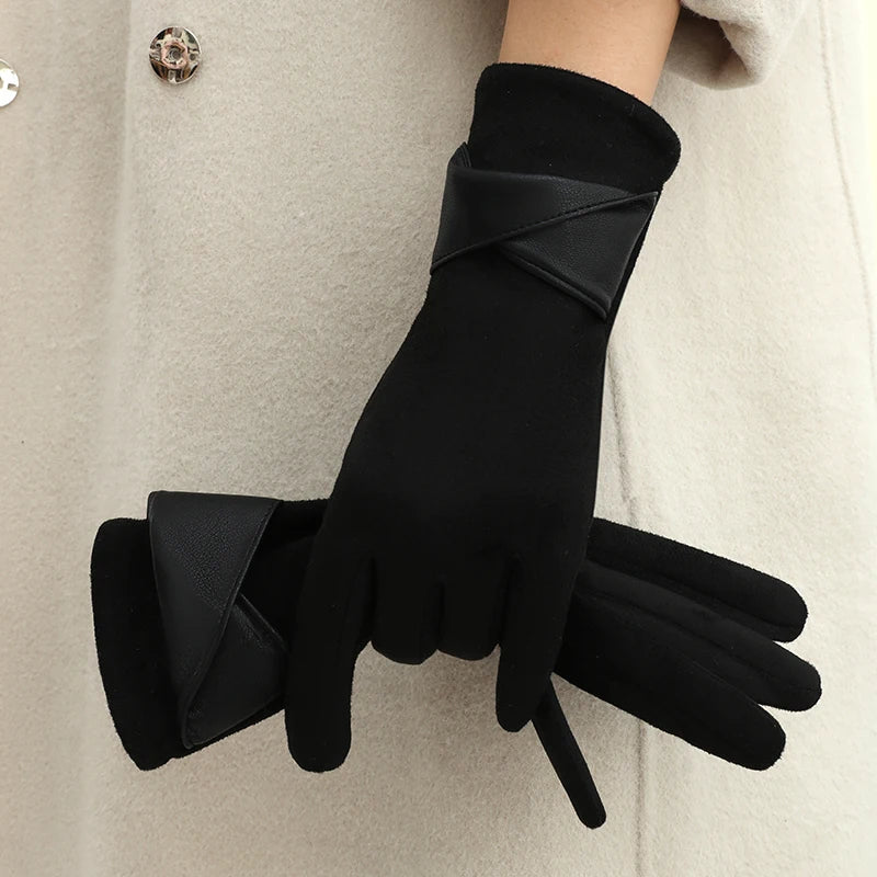 Velouré Damen Winterhandschuhe | Touchscreen-Handschuhe mit Schleife & Samtfutter | Warm, Elegant & Weich | Ideal für Alltag, Autofahren & Radfahren