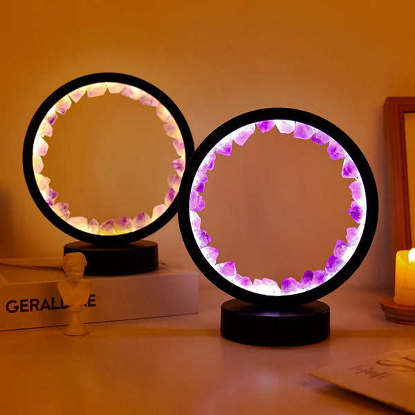Kristalllampe AmethyLight | LED Tischlampe | Natürlicher Amethyst | Heilstein & Wohn-Deko | Ø ca. 12 cm