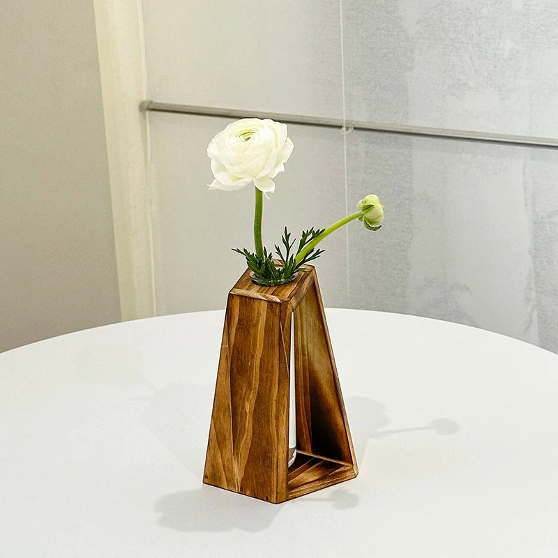 NaturaForma Holzvase mit Glaseinsatz | Kreative Hydroponik Vase | 15 × 8 × 7 cm | Retro Pflanzgefäß im Naturstil für Tisch & Deko