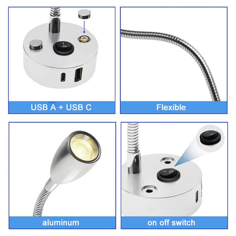 FlexiBeam RV Leselampe | 12V–24V Schwanenhals-Licht mit USB-C Schnellladefunktion | LED Innenbeleuchtung für Wohnmobil, Boot & Camper