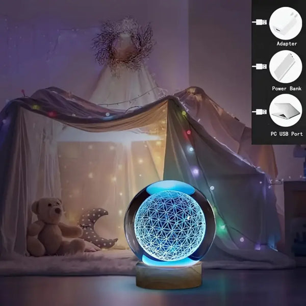 Vitraya Kristallkugel | 3D Blume des Lebens | Mit USB LED-Farbwechse