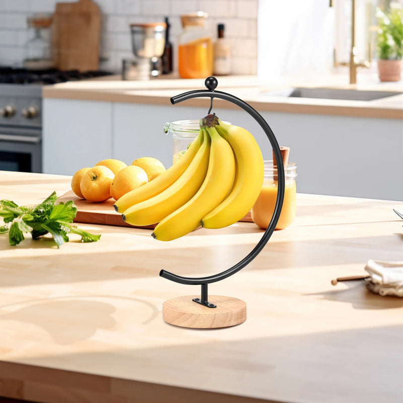 LunaFrucht Bananenhalter Mondform | Metall & Holz | Rostfrei & Stabil | 33×11,5 cm | Schwarz/Weiß