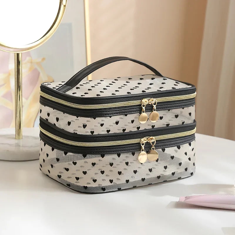 Nuvessa TravelMesh Kosmetiktasche mit Doppelnetz | Großes Volumen & Reißverschluss | Schwarz & Transparent