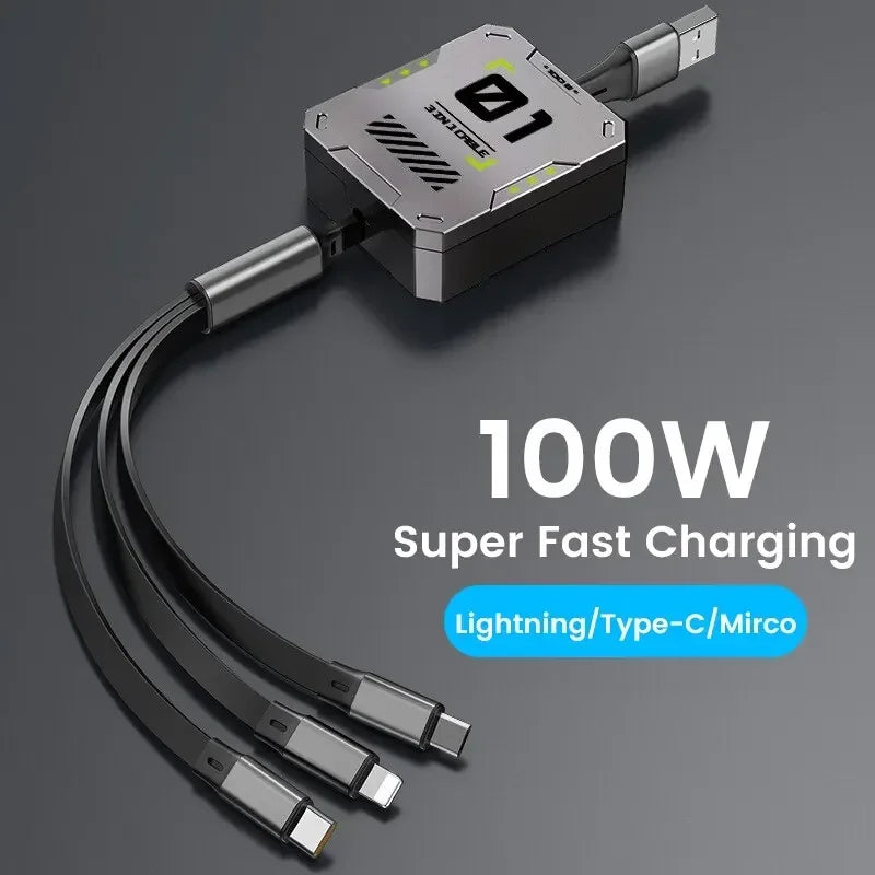 3-in-1 Ladekabel | Schnellladung 100W | Ausziehbar & Universell | FlexiCharge für iPhone, Android & USB-C