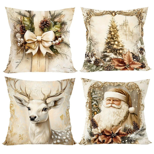 GoldenVintage Kissenbezüge 4er Set | Weihnachtsdesign mit Santa, Rentier & Schleife | Sofadeko & Wohnzimmer | 45×45 cm