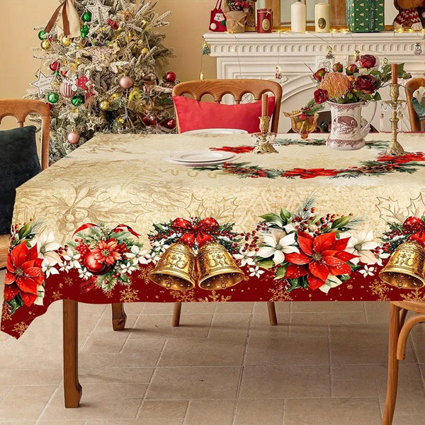 Weihnachtstischdecke PoinsettiaBell | Vintage Weihnachtsstern & Glocken Motiv | Rund 150 cm / Rechteckig 180×140 cm | Festliche Tischdekoration