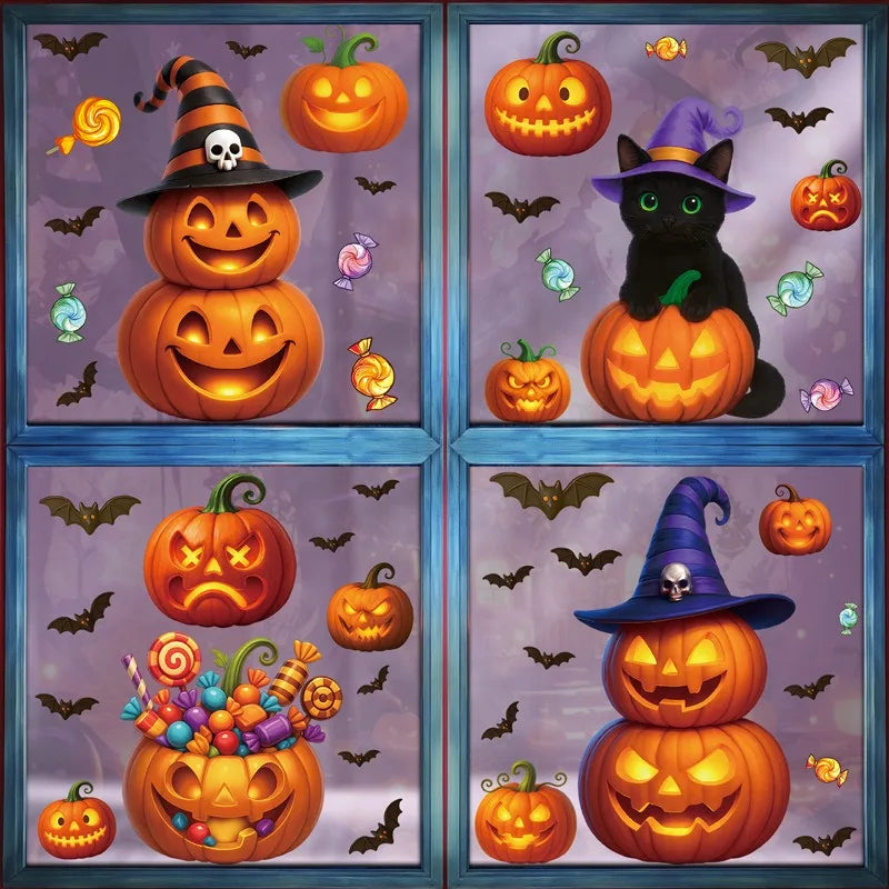 Fensteraufkleber SpookyPumpkins | Halloween Deko Sticker | Kürbis, Katze & Geist | Wiederverwendbar & statisch haftend