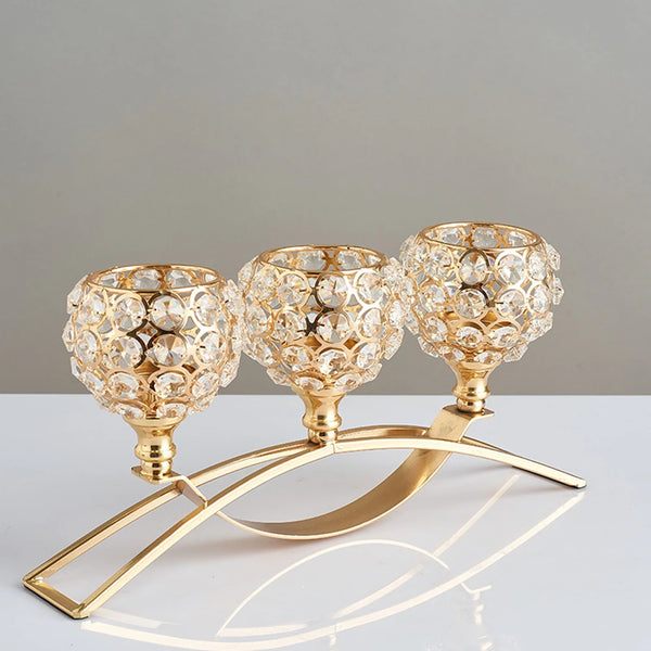 CristaLuce Kerzenhalter | 3 Kristallkelche | Modernes Bogen-Design | Metall & Glas | 33×9×15,5 cm