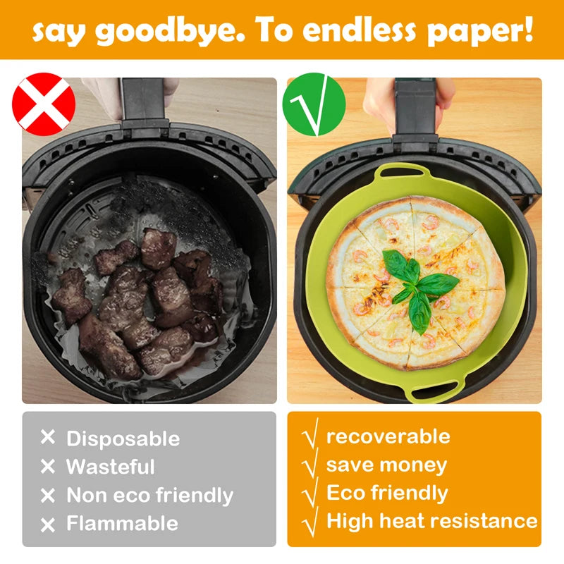 Crispura Silikonkorb | Silikon Einsatz für Heißluftfritteuse | Rund & Wiederverwendbar | Antihaft & Hitzebeständig | Grün/Gelb