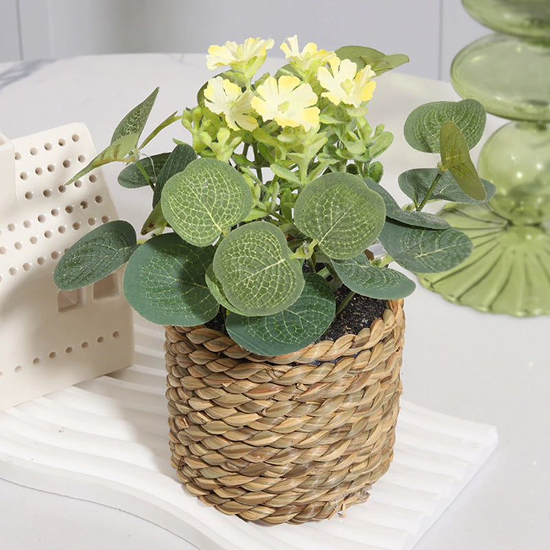 FloraNest Mini Kunstpflanze Eukalyptus mit Blüten | 11 cm | Im geflochtenen Korb | Hochwertige Deko aus PE-Material | Pflegeleichte Zimmerdekoration