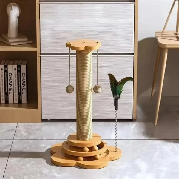 KratziFun | Sisal-Kratzbrett mit Drehscheibe & Spielbällen | Massivholz Katzen-Spielzeug | Kratzbrett & Kletterrahmen in einem | 40 × 24 cm