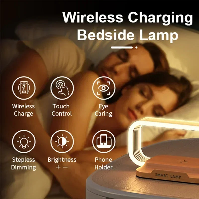 LumiCharge Touch | LED Tischlampe mit Wireless Charger | Dimmbar & Touch-Bedienung | Qi-Schnellladefunktion | Holzoptik