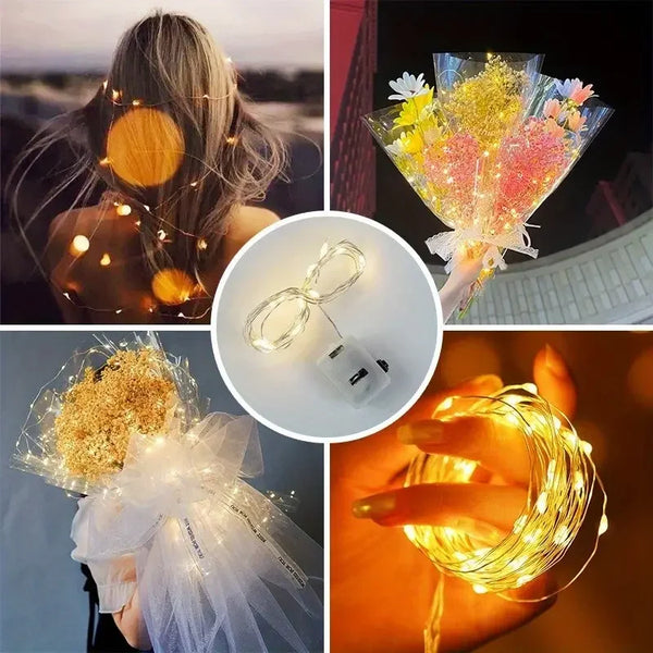 LumiGlow LED-Lichterkette 10er-Set | Warmweiß | Batteriebetrieben & Wasserdicht | Flexibler Silberdraht für Deko, Hochzeit & Party