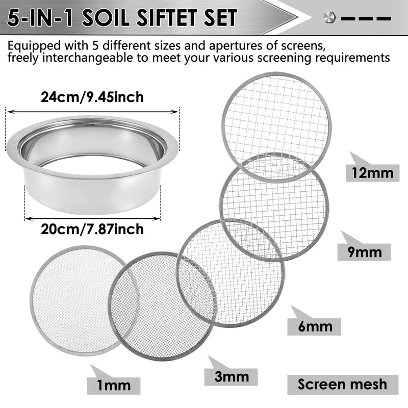SoilMaster Pro | Edelstahl Bodensieb-Set | 5 Wechselbare Siebe (1–12 mm) | Ø 24 cm | Für Erde, Sand & Kompost | Inkl. Schaufel