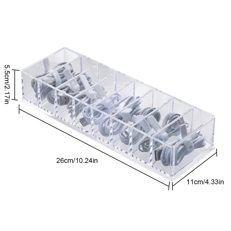 Kabelorganizer ClearGrid 7+ | 7-Fach Ladebox für Ladekabel & Netzteile | Transparentes Design | 26×5,5×11 cm