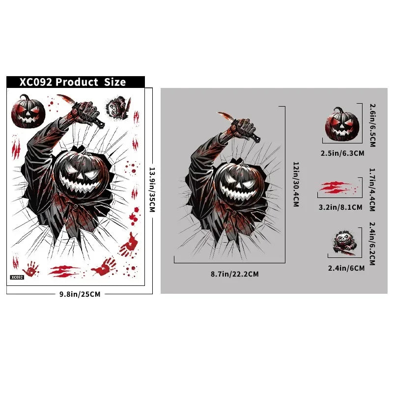 Fensteraufkleber HorrorPumpkins | Halloween Sticker Set | Kürbis, Schädel, Blut-Handabdrücke & Fledermäuse | Wiederverwendbar