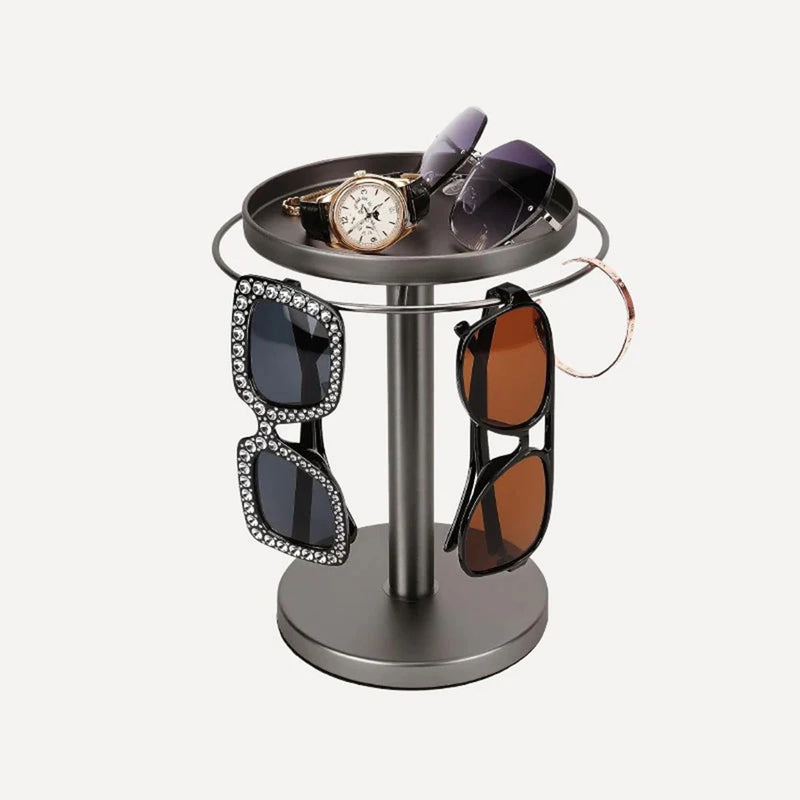 LuxeSpin Drehbarer Sonnenbrillen-Organizer | 360° Rotationsständer mit Schmuckablage | Edelstahl | 20 × 24 × 15 cm