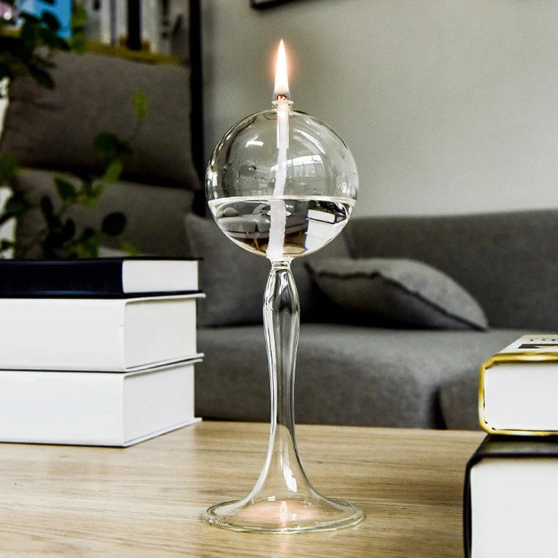 VetroLuce Öllampe | Kugelform mit hohem Fuß | Borosilikatglas Transparent | 21–25,5 cm