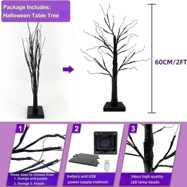 Halloween-Baum SpookyBirch | 24 LED Birkenbaum mit Schwarzästen | Orange & Lila Licht | Tischdeko für Halloween