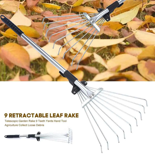 Rechano Gartenrechen aus Edelstahl mit 9 Zinken | Laubbesen für Rasen & Hof | 70 cm lang | Ergonomischer Handrechen für loses Schnittgut & Gartenabfälle