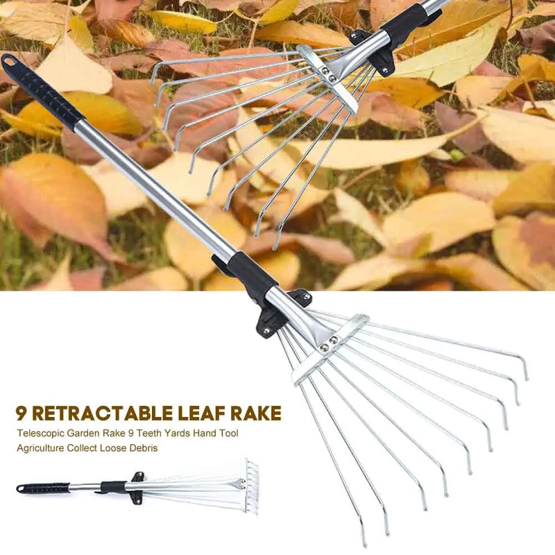 Rechano Gartenrechen aus Edelstahl mit 9 Zinken | Laubbesen für Rasen & Hof | 70 cm lang | Ergonomischer Handrechen für loses Schnittgut & Gartenabfälle