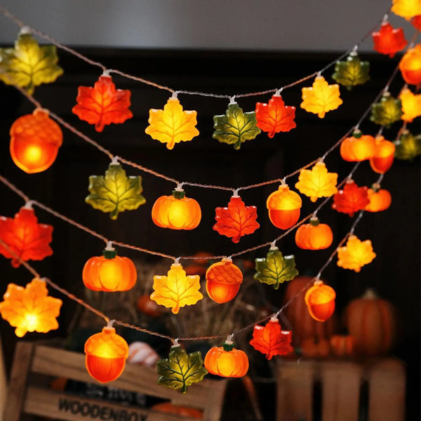 GlowHarvest Halloween Lichterkette | LED Kürbis & Ahornblätter | 1,5m / 3m | Warmweiß