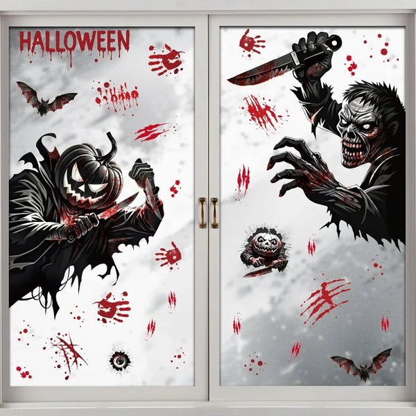 Fensteraufkleber HorrorPumpkins | Halloween Sticker Set | Kürbis, Schädel, Blut-Handabdrücke & Fledermäuse | Wiederverwendbar