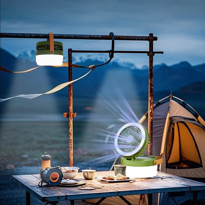 SolAiro Faltbare Solar-Campinglaterne mit Ventilator 12 × 12 cm | 2‑in‑1 Zeltlampe & Kühlventilator mit 4 Leuchtmodi | USB & Solar aufladbare Outdoor-Kombination