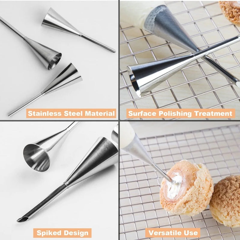 BackMeister Pro Edelstahl Spritztüllen Set 3-teilig | Lange Tülle für Windbeutel & Füllcreme | Backzubehör für Kuchen, Cupcakes & Patisserie