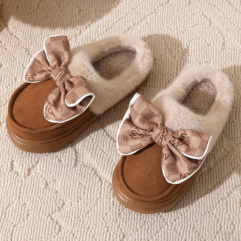 Damen Hausschuhe CozyBow | Warme Baumwoll-Pantoffeln mit Schleife | Rutschfeste Sohle | Weiche Winter Hausschuhe für Zuhause