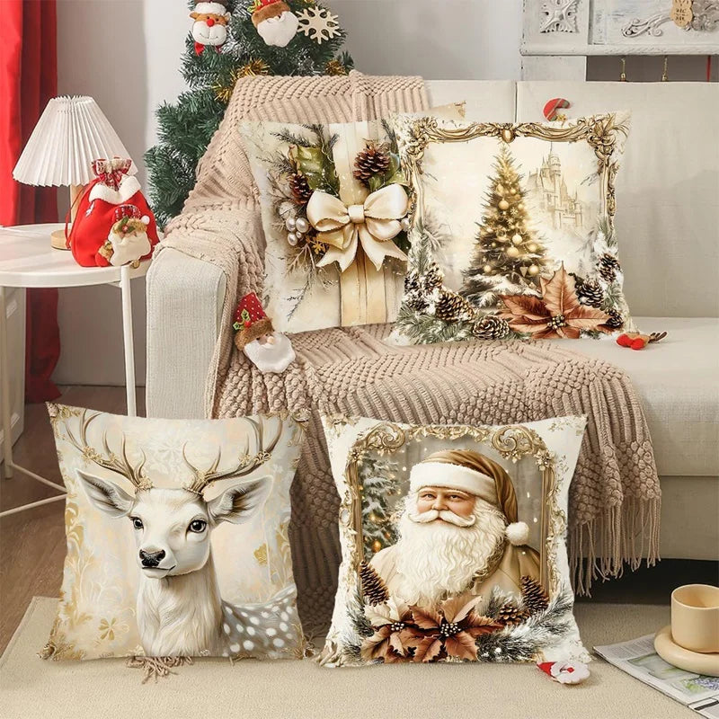 GoldenVintage Kissenbezüge 4er Set | Weihnachtsdesign mit Santa, Rentier & Schleife | Sofadeko & Wohnzimmer | 45×45 cm