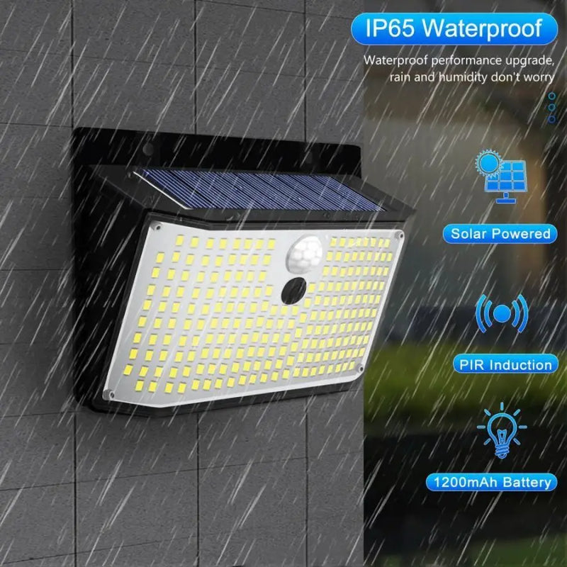Solar-Wandleuchte Solayra 208LED | Bewegungsmelder & 3 Leuchtmodi | 30 m² Beleuchtungsfläche | IP65 Wetterfest