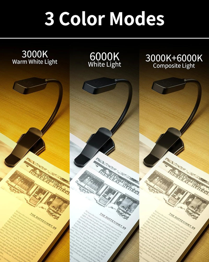 LumiRead Pro | Wiederaufladbare LED Leselampe | 3 Helligkeitsstufen & 3 Farbtemperaturen | Flex-Clip | Augenschonend