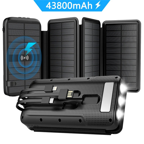Solar Powerbank VoltCore X Pro 43800mAh | 20W Schnellladung | 10W Wireless Charging | Integrierte Kabel & LED-Lampe | Outdoor & Reisen