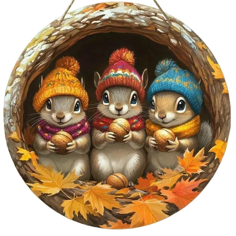 Holzschild AutumnTail | Rundes Willkommensschild mit Eichhörnchen-Motiv | 20–30 cm | Handgefertigte Herbst- & Winterdeko
