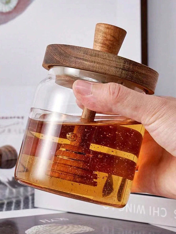 MeliVita Honigglas mit Holzdeckel & Rührstab | Luftdichter Vorratsbehälter aus Glas | Transparentes Honiggefäß für Küche & Frühstückstisch