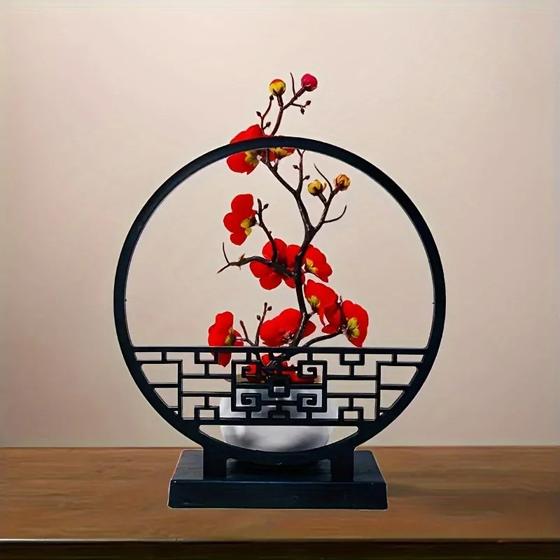 Kunst-Bonsai PlumElegance | Pflaumenblüten-Design | Mit dekorativem Paravent-Sockel | 32 cm Tischdeko