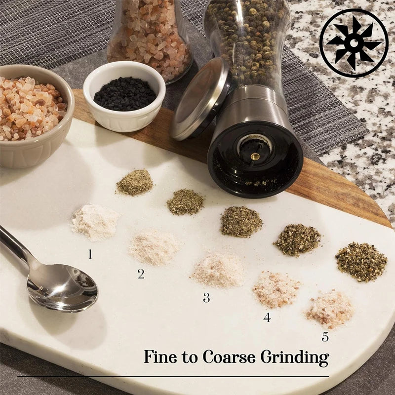 Grindora Salz- & Pfeffermühle aus Glas und Edelstahl | Gewürzmühle mit verstellbarem Mahlwerk | Für Pfeffer, Salz, Kreuzkümmel & mehr | Aromafrisch & leicht zu befüllen