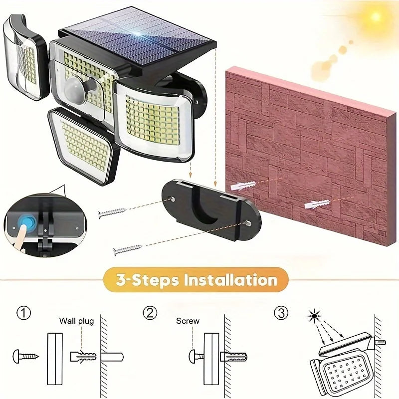 Solar Sicherheitsstrahler LumiWacht 300° | 4 Köpfe | 3000 Lumen | Bewegungsmelder & Dim-Modus | IP65 Wetterfest