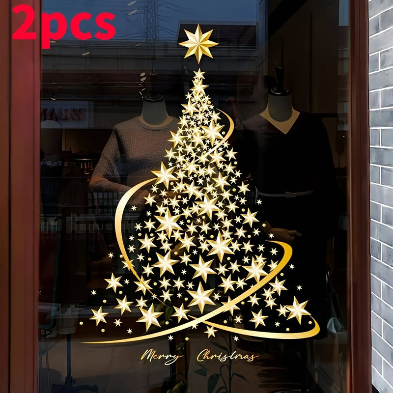 Fensteraufkleber GloriaTree | 2er Set Goldene Weihnachtsbäume | Wiederverwendbare PVC-Deko für Glas & Fenster