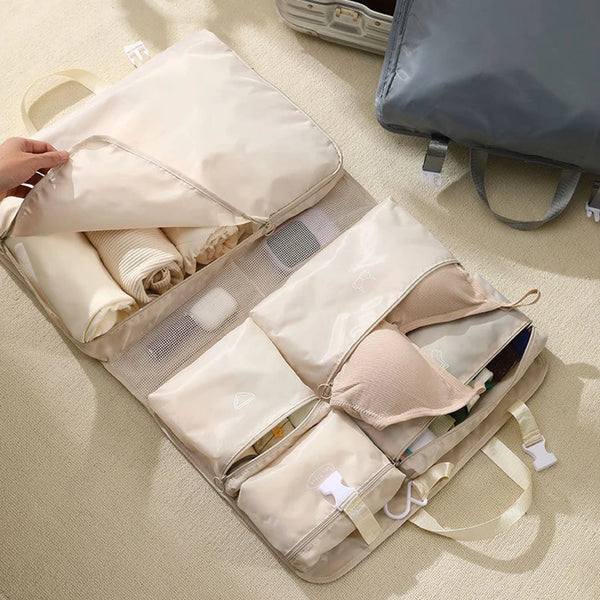 Travella 6-in-1 Faltbare Reise-Aufbewahrungstasche | Hängend & Tragbar | Multitasche für Kleidung, Kosmetik & Accessoires | Grau/Beige/Rosa