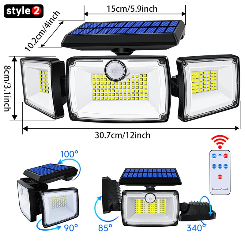 SecuSolar MaxView 167 Solar Sicherheitsstrahler 167 LEDs | 3 Schwenkbare Köpfe | Bewegungsmelder & 3 Leuchtmodi | IP65 Wasserdicht | 2200 Lumen